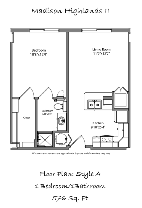 A floor plan for a one bedroom, one bathroom apartment at Madison Highlands Senior Apartments.